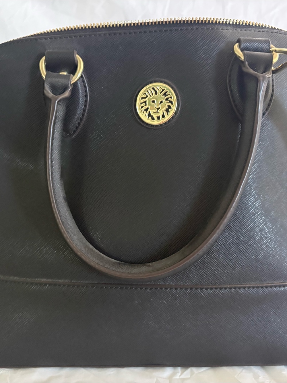 Anne Klein Black Leather Satchel Handbag with Gold Emblem - Women Bags